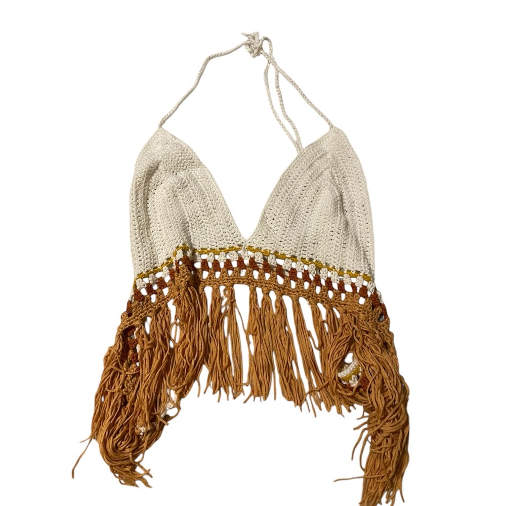 Beige and Brown Crochet Fringe Bikini Top
